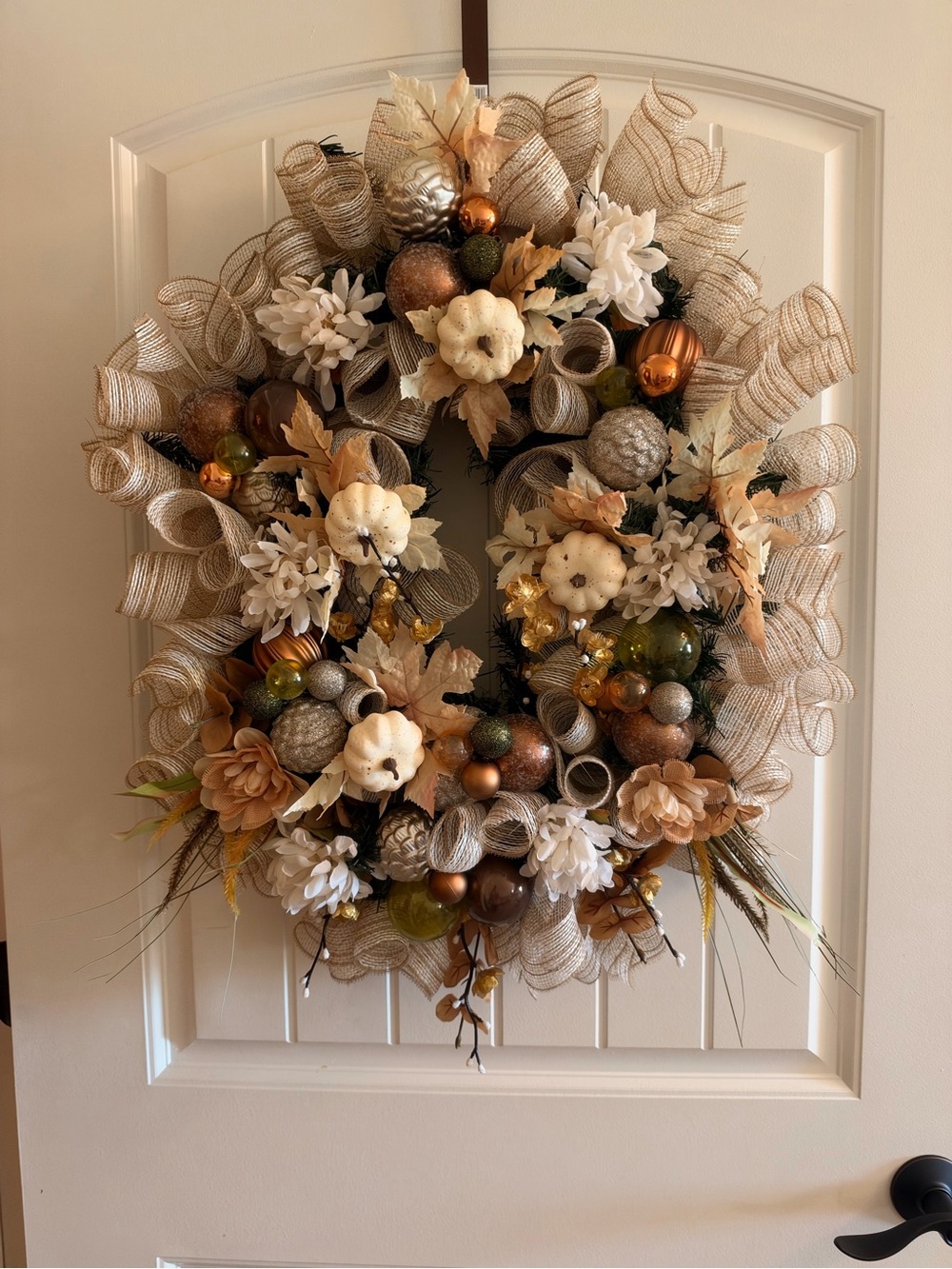 Neutral Fall Harvest Wreath with Pumpkins and Decorative Ornaments